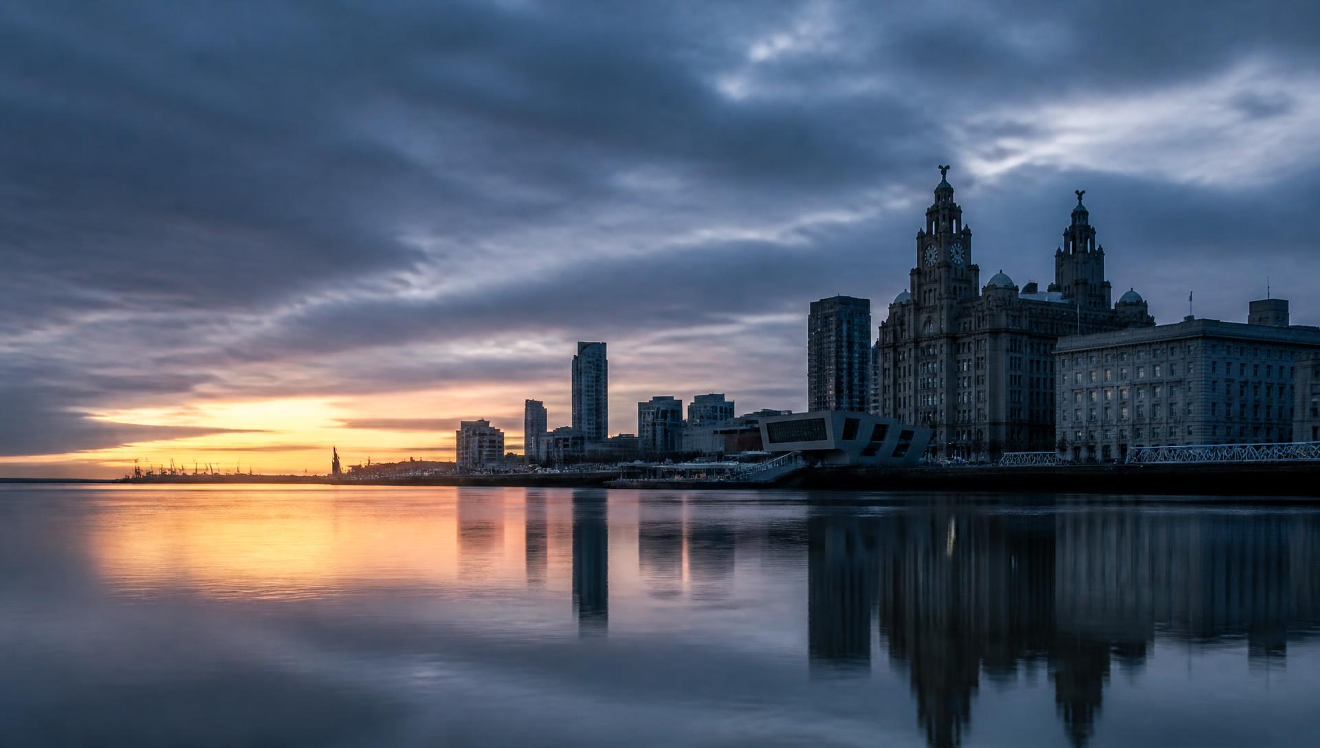 Liverpool waterfront at dawn with the Royal Liver Building